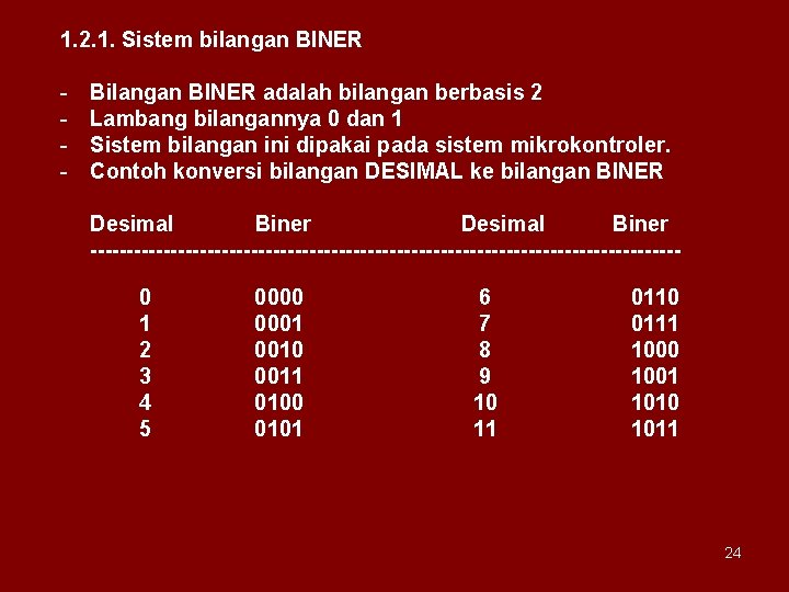 1. 2. 1. Sistem bilangan BINER - Bilangan BINER adalah bilangan berbasis 2 Lambang
