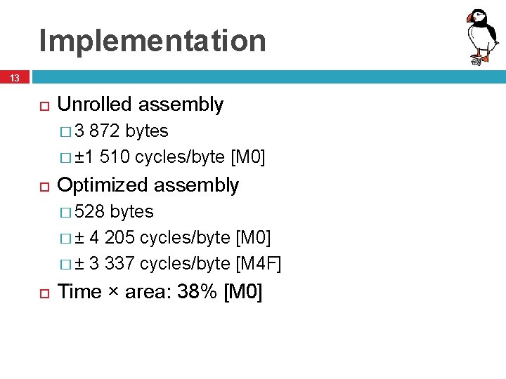 Implementation 13 Unrolled assembly � 3 872 bytes � ± 1 510 cycles/byte [M