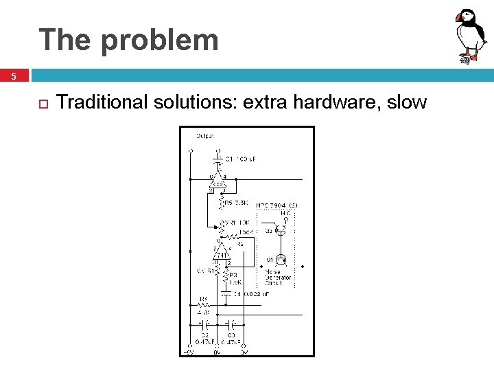 The problem 5 Traditional solutions: extra hardware, slow 