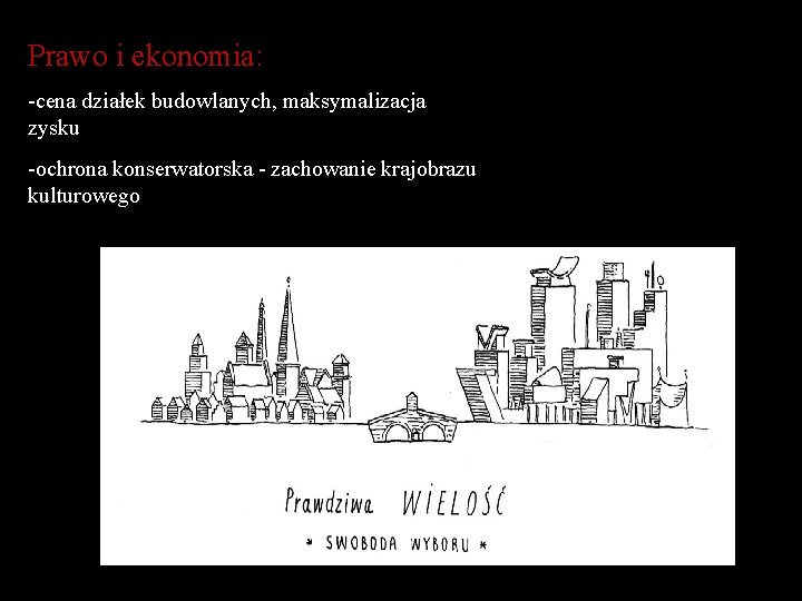 Prawo i ekonomia: -cena działek budowlanych, maksymalizacja zysku -ochrona konserwatorska - zachowanie krajobrazu kulturowego