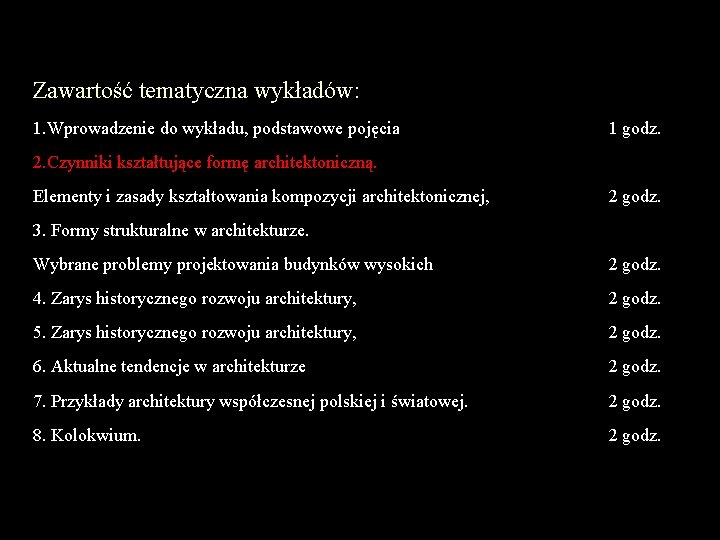 Zawartość tematyczna wykładów: 1. Wprowadzenie do wykładu, podstawowe pojęcia 1 godz. 2. Czynniki kształtujące