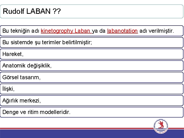 Rudolf LABAN ? ? Bu tekniğin adı kinetogrophy Laban ya da labanotation adı verilmiştir.