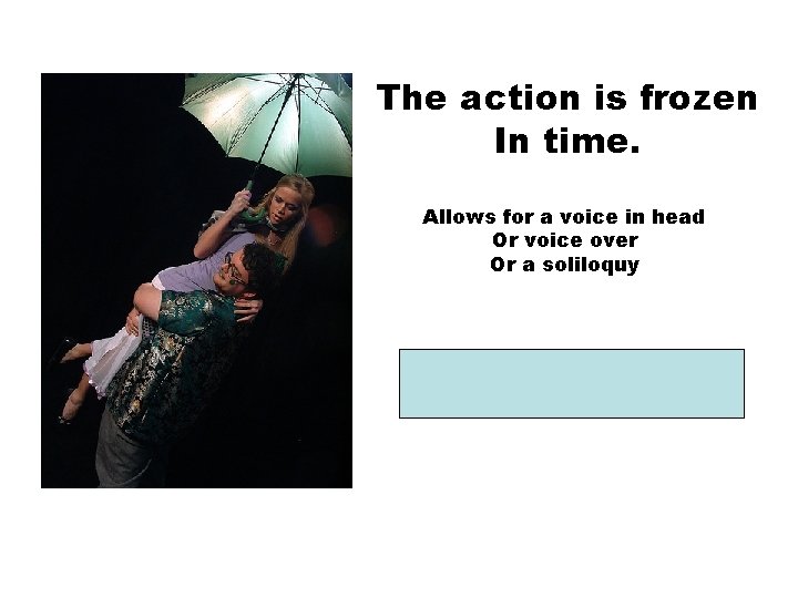 The action is frozen In time. Allows for a voice in head Or voice