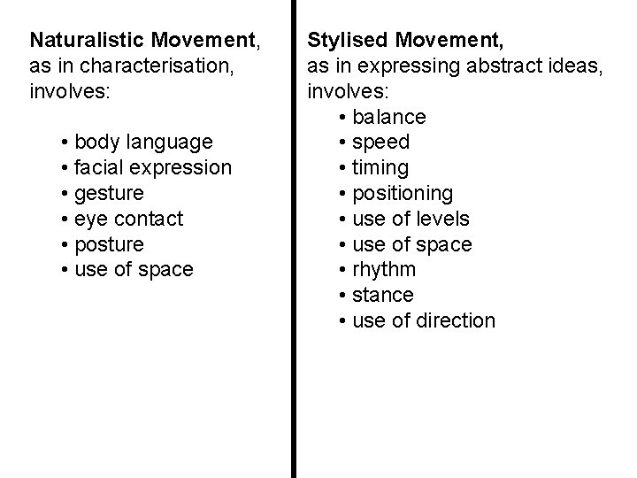 Naturalistic Movement, as in characterisation, involves: • body language • facial expression • gesture