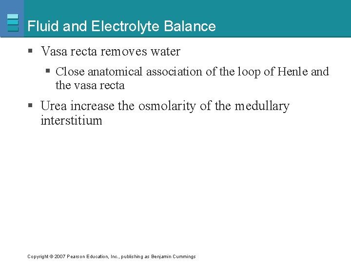 Fluid and Electrolyte Balance § Vasa recta removes water § Close anatomical association of