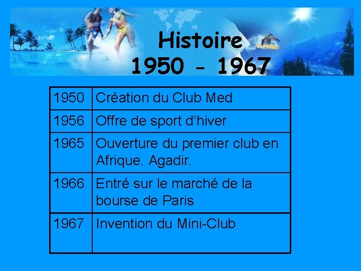 Histoire 1950 - 1967 1950 Création du Club Med 1956 Offre de sport d‘hiver