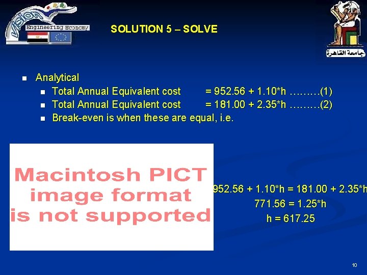 SOLUTION 5 – SOLVE n Analytical n Total Annual Equivalent cost = 952. 56