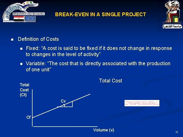 BREAK-EVEN IN A SINGLE PROJECT n Definition of Costs n Fixed: “A cost is