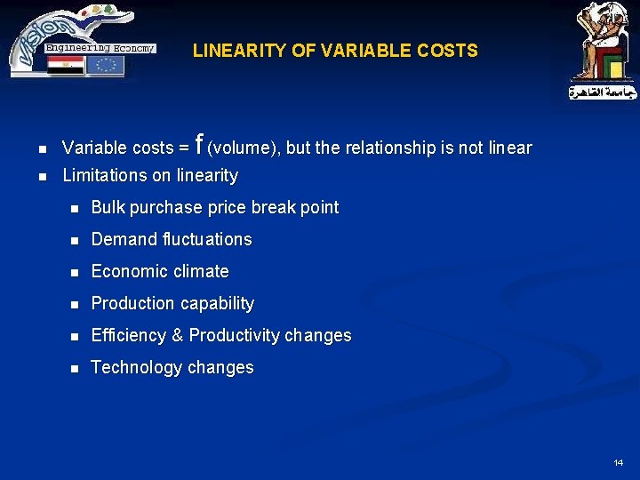 LINEARITY OF VARIABLE COSTS f n Variable costs = (volume), but the relationship is