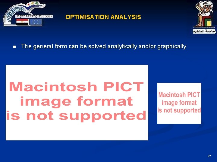OPTIMISATION ANALYSIS n The general form can be solved analytically and/or graphically 27 