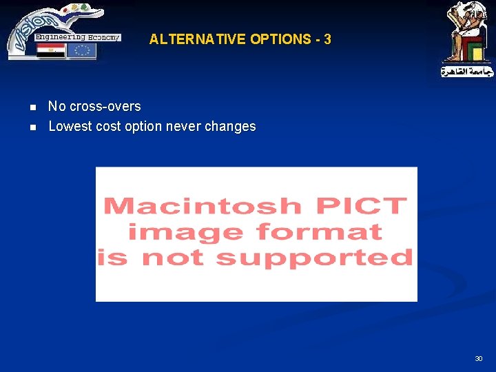 ALTERNATIVE OPTIONS - 3 n n No cross-overs Lowest cost option never changes 30