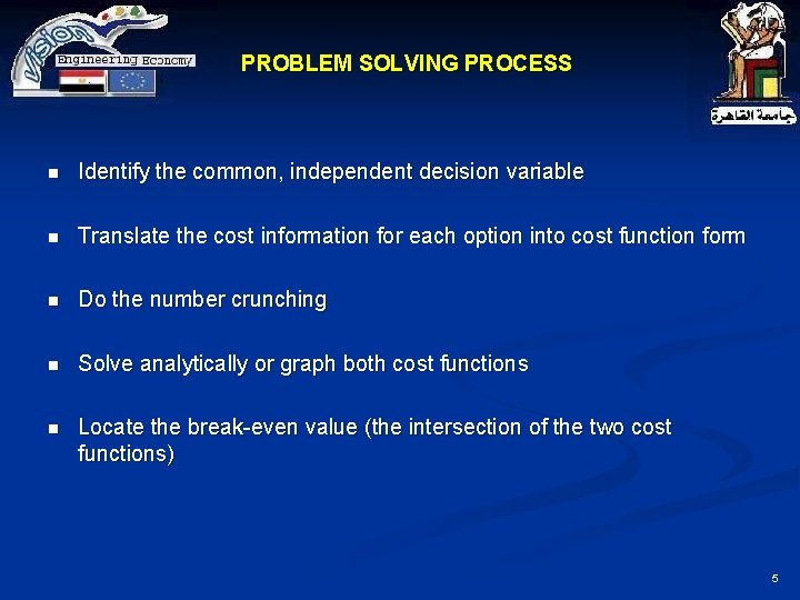 PROBLEM SOLVING PROCESS n Identify the common, independent decision variable n Translate the cost