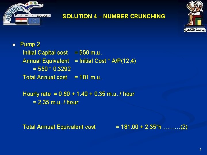 SOLUTION 4 – NUMBER CRUNCHING n Pump 2 Initial Capital cost = 550 m.