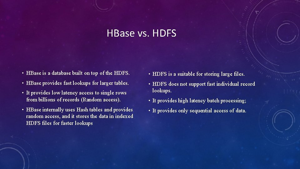 HBase vs. HDFS • HBase is a database built on top of the HDFS.