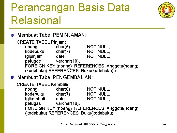 Perancangan Basis Data Relasional ¿ Membuat Tabel PEMINJAMAN: CREATE TABEL Pinjam( noang char(6) NOT