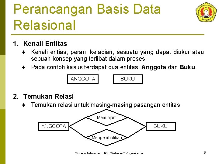 Perancangan Basis Data Relasional 1. Kenali Entitas ¨ Kenali entias, peran, kejadian, sesuatu yang