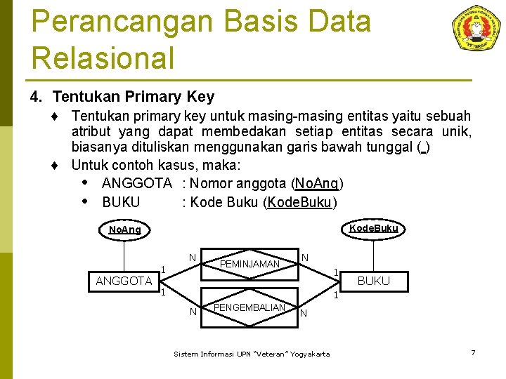 Perancangan Basis Data Relasional 4. Tentukan Primary Key ¨ Tentukan primary key untuk masing-masing