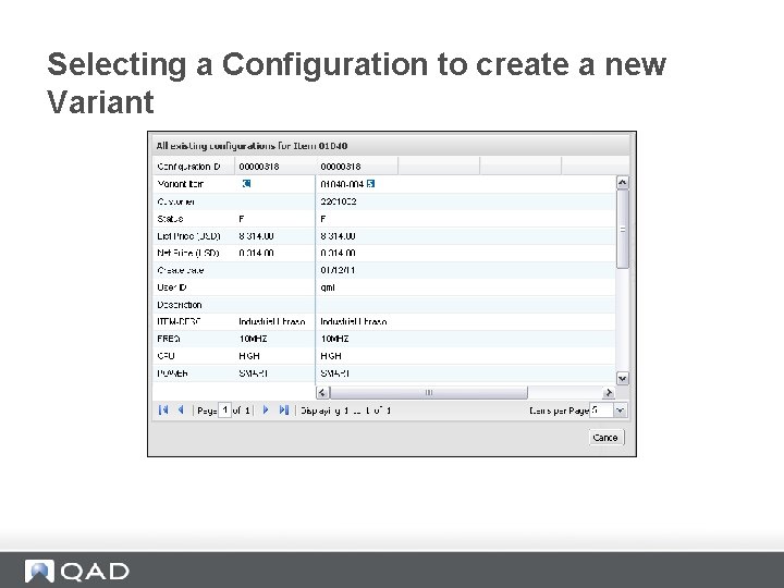 Selecting a Configuration to create a new Variant 