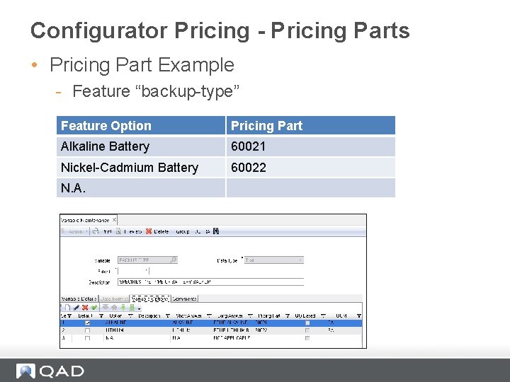 Configurator Pricing - Pricing Parts • Pricing Part Example - Feature “backup-type” Feature Option