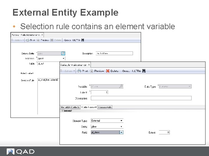 External Entity Example • Selection rule contains an element variable 