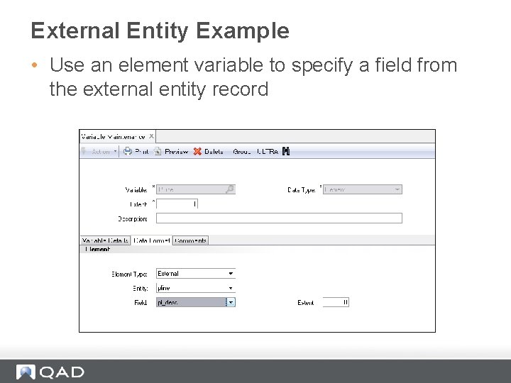 External Entity Example • Use an element variable to specify a field from the