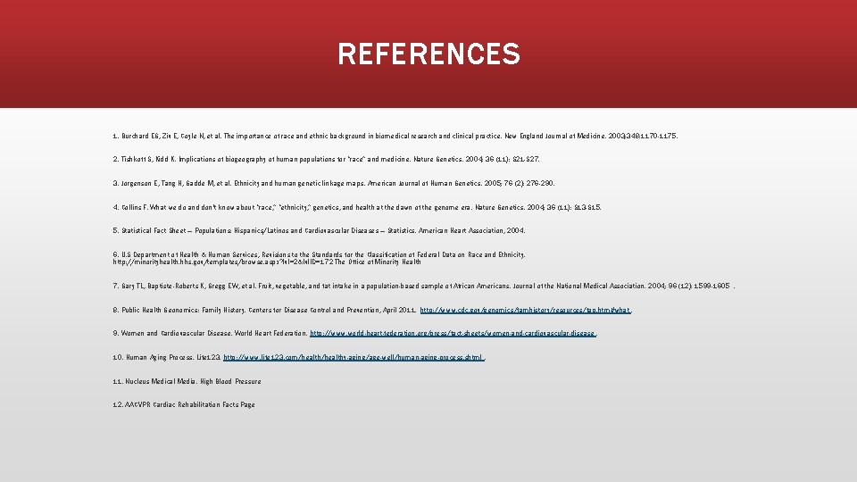 REFERENCES 1. Burchard EG, Ziv E, Coyle N, et al. The importance of race