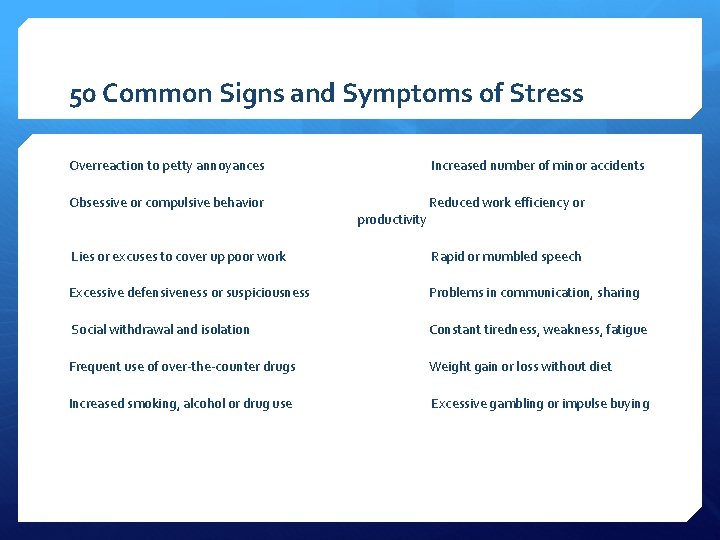 50 Common Signs and Symptoms of Stress Overreaction to petty annoyances Increased number of