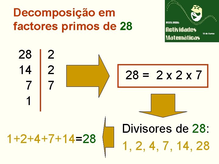 Decomposição em factores primos de 28 28 14 7 1 2 2 7 28