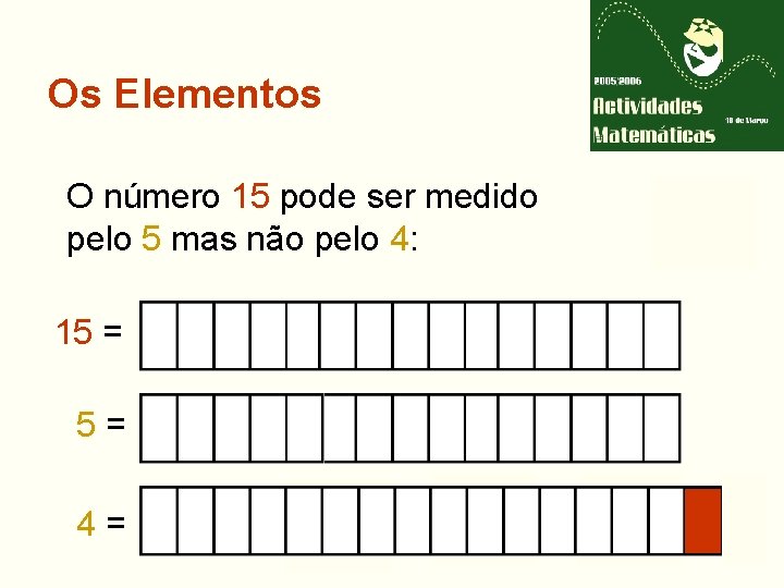 Os Elementos O número 15 pode ser medido pelo 5 mas não pelo 4: