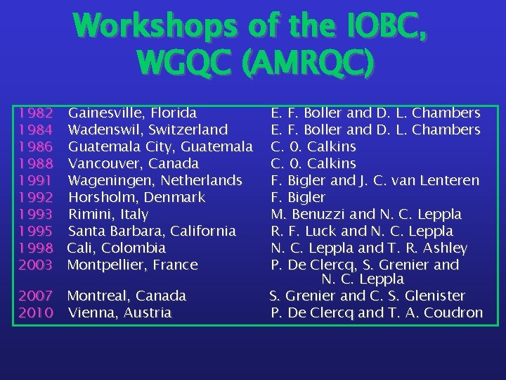 Workshops of the IOBC, WGQC (AMRQC) 1982 1984 1986 1988 1991 1992 1993 1995