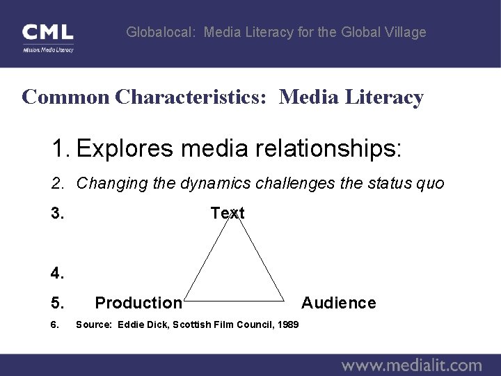 Globalocal: Media Literacy for the Global Village Common Characteristics: Media Literacy 1. Explores media