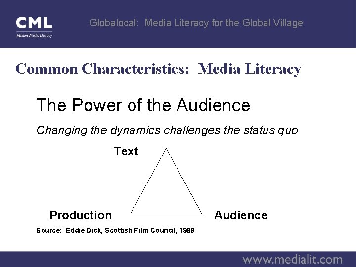 Globalocal: Media Literacy for the Global Village Common Characteristics: Media Literacy The Power of