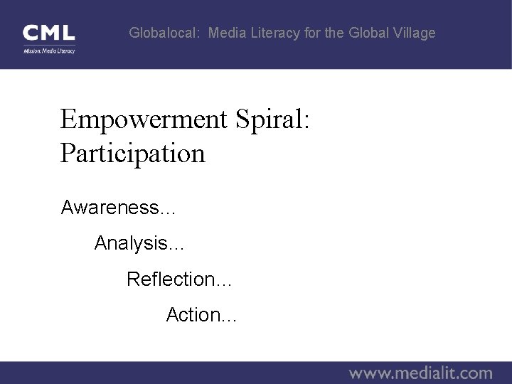 Globalocal: Media Literacy for the Global Village Empowerment Spiral: Participation Awareness… Analysis… Reflection… Action…