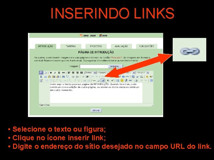 INSERINDO LINKS • Selecione o texto ou figura; • Clique no ícone inserir link;