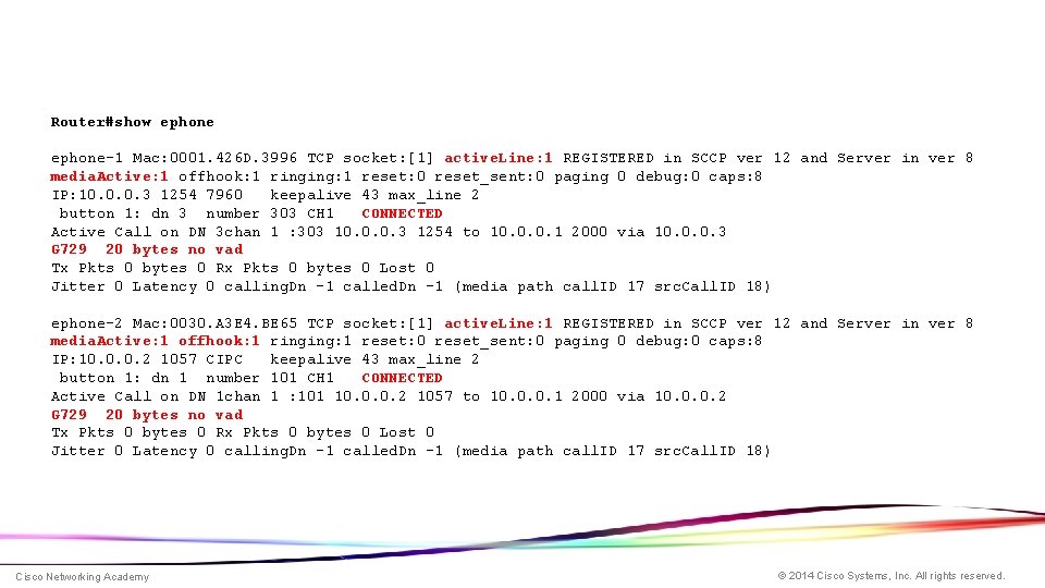 Calling from ephone 1 to ephone 2 (answered) Router#show ephone-1 Mac: 0001. 426 D.