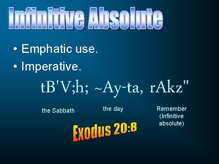  • Emphatic use. • Imperative. t. B'V; h; ~Ay-ta, r. Akz" the Sabbath