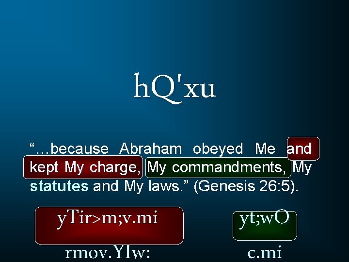 h. Q'xu “…because Abraham obeyed Me and kept My charge, My commandments, My statutes