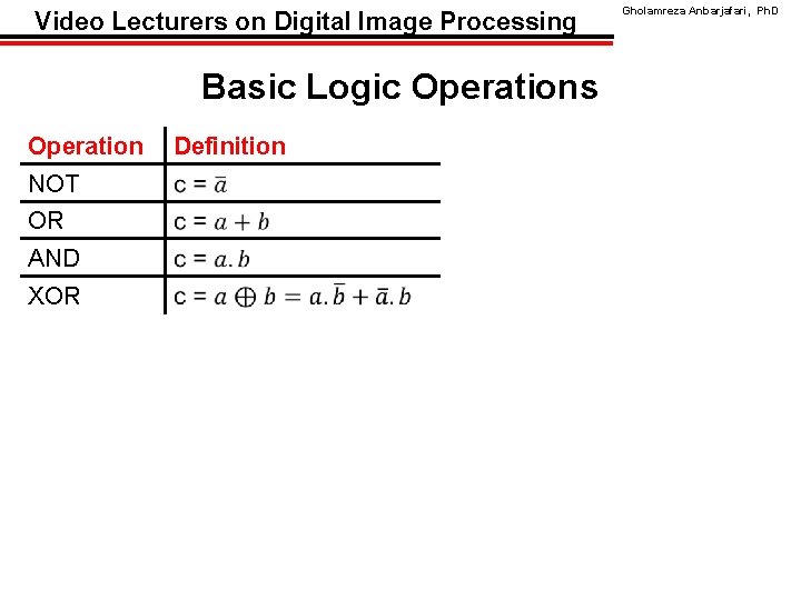 Video Lecturers on Digital Image Processing Basic Logic Operations Operation NOT OR AND XOR