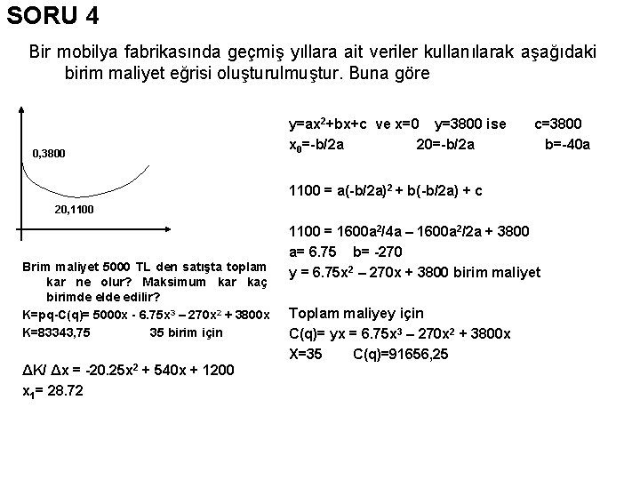 SORU 4 Bir mobilya fabrikasında geçmiş yıllara ait veriler kullanılarak aşağıdaki birim maliyet eğrisi