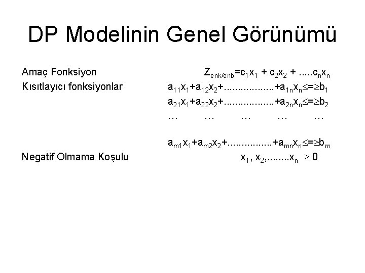 DP Modelinin Genel Görünümü Amaç Fonksiyon Kısıtlayıcı fonksiyonlar Negatif Olmama Koşulu Zenk/enb=c 1 x