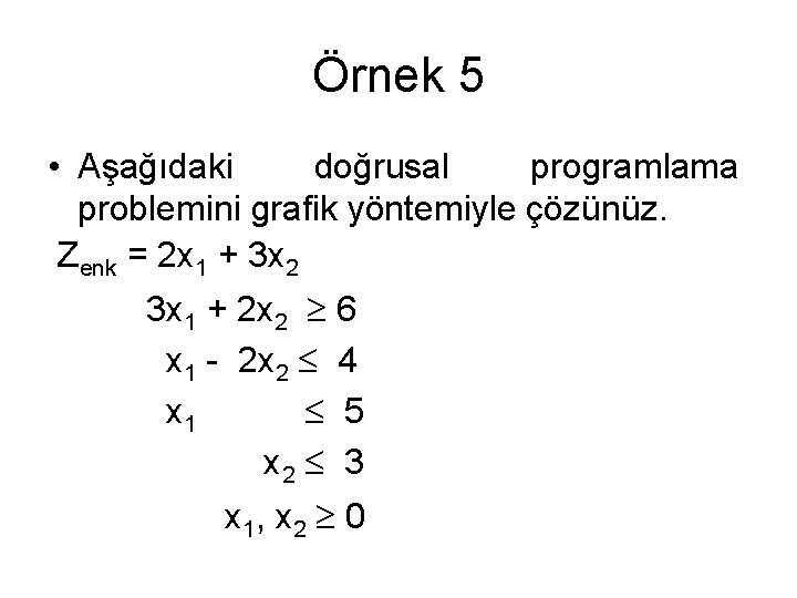 Örnek 5 • Aşağıdaki doğrusal programlama problemini grafik yöntemiyle çözünüz. Zenk = 2 x