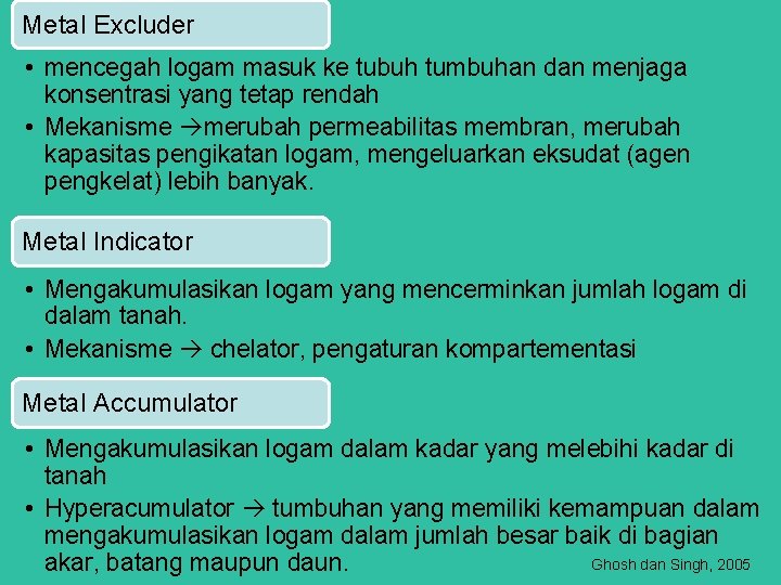 Metal Excluder • mencegah logam masuk ke tubuh tumbuhan dan menjaga konsentrasi yang tetap