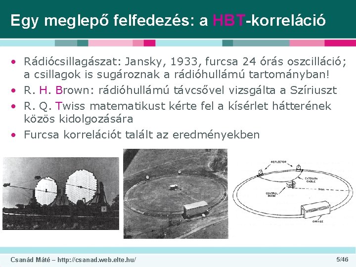 Egy meglepő felfedezés: a HBT-korreláció • Rádiócsillagászat: Jansky, 1933, furcsa 24 órás oszcilláció; a