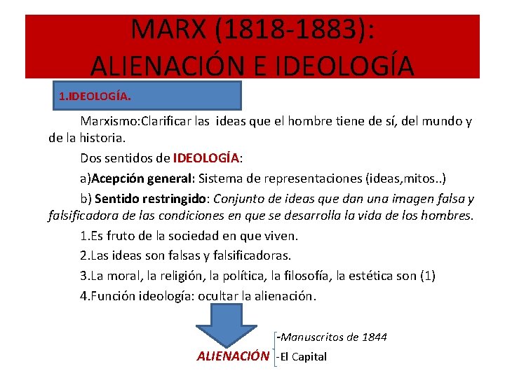 MARX (1818 -1883): ALIENACIÓN E IDEOLOGÍA 1. IDEOLOGÍA. Marxismo: Clarificar las ideas que el