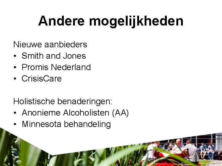 Andere mogelijkheden Nieuwe aanbieders • Smith and Jones • Promis Nederland • Crisis. Care