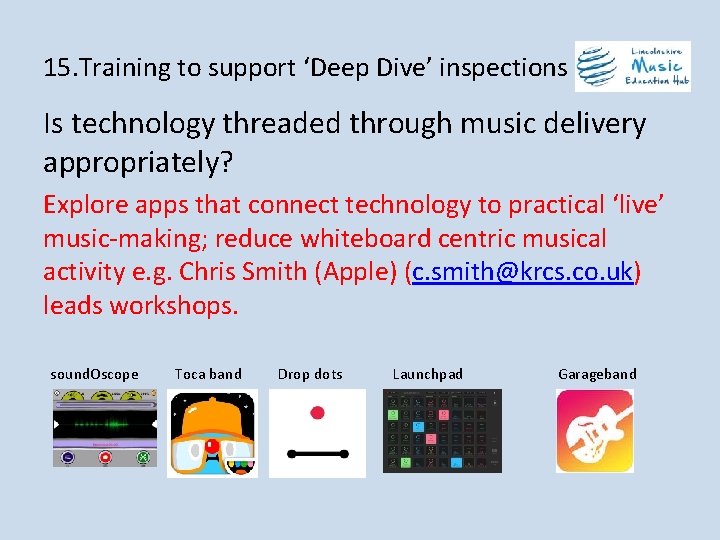 15. Training to support ‘Deep Dive’ inspections Is technology threaded through music delivery appropriately?