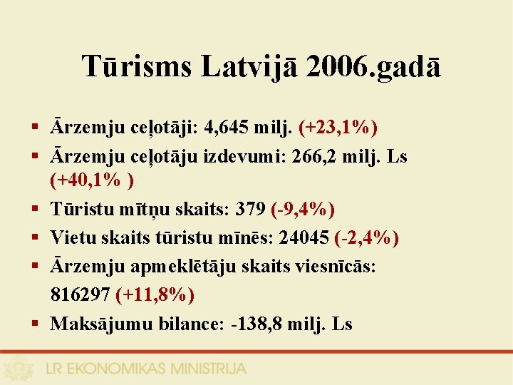 Tūrisms Latvijā 2006. gadā § Ārzemju ceļotāji: 4, 645 milj. (+23, 1%) § Ārzemju