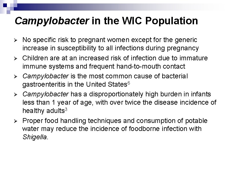Campylobacter in the WIC Population Ø Ø Ø No specific risk to pregnant women