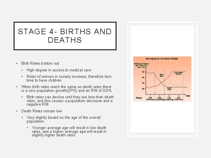 STAGE 4 - BIRTHS AND DEATHS • Birth Rates bottom out • High degree