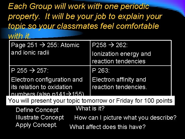 Each Group will work with one periodic property. It will be your job to